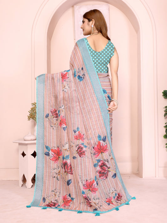 Linen Cotton Floral Printed Saree with Blouse Piece | Designer Piece | Dailywear | Naarikaa