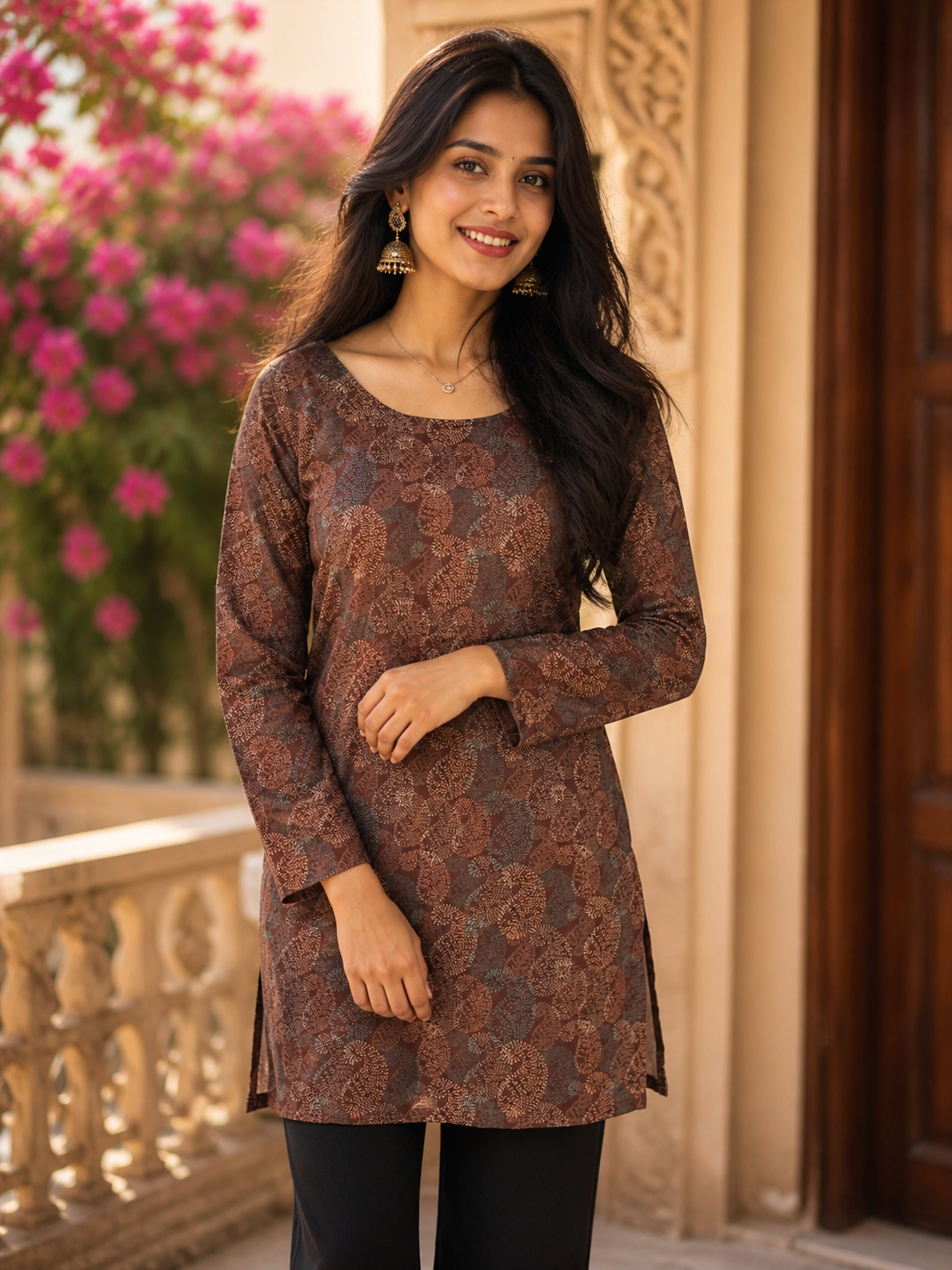 Brown Floral Paisley Straight Kurta | Rayon | Printed Kurti with Lace-Up Back | Naarikaa