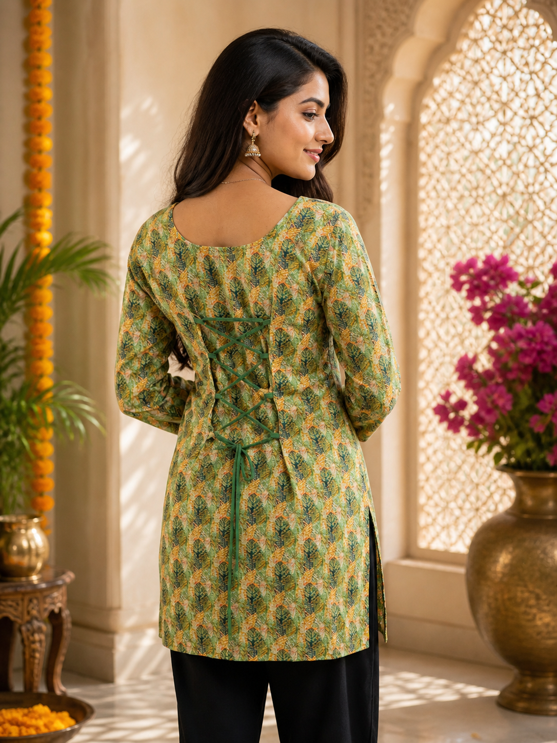 Green Printed Short Kurti | Rayon | Back Lace-Up Detail | Naarikaa