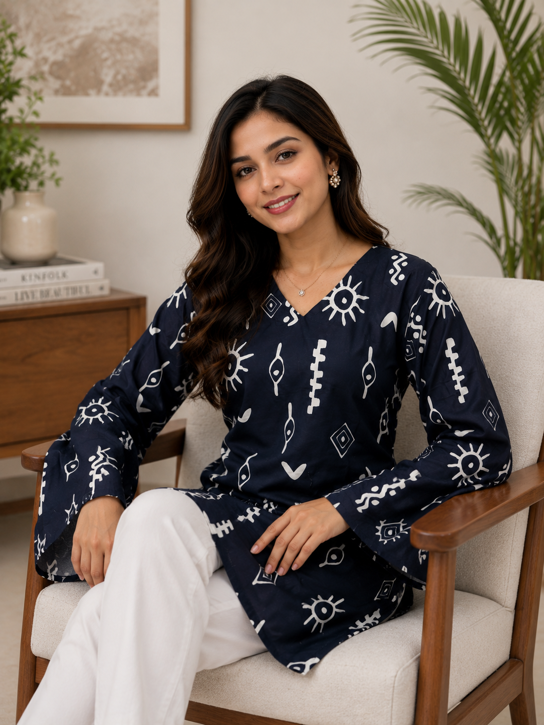 Navy Blue Tribal Motif Short Kurti | Rayon | Flared Bell Sleeves & Corset Lace-Up Back | Naarikaa