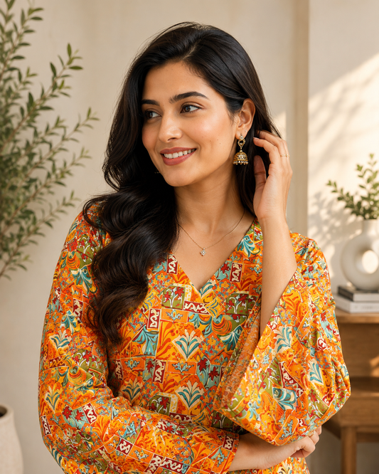 Orange-Mustard Abstract Jaal Print Short Kurti | Rayon | V-Neck, Bell Sleeves & Corset Lace-Up Back | Naarikaa