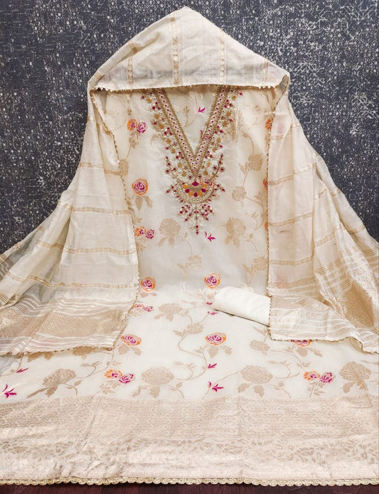 4 Piece Ethnic Dress Material | Meenakari Jacquard Unstitched Suit Material | Coding & Sequin Work | Santoon Bottom & Inner, Chanderi Fancy Jacquard Dupatta | Naarikaa