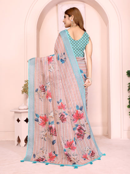 Linen Cotton Floral Printed Saree with Blouse Piece | Designer Piece | Dailywear | Naarikaa