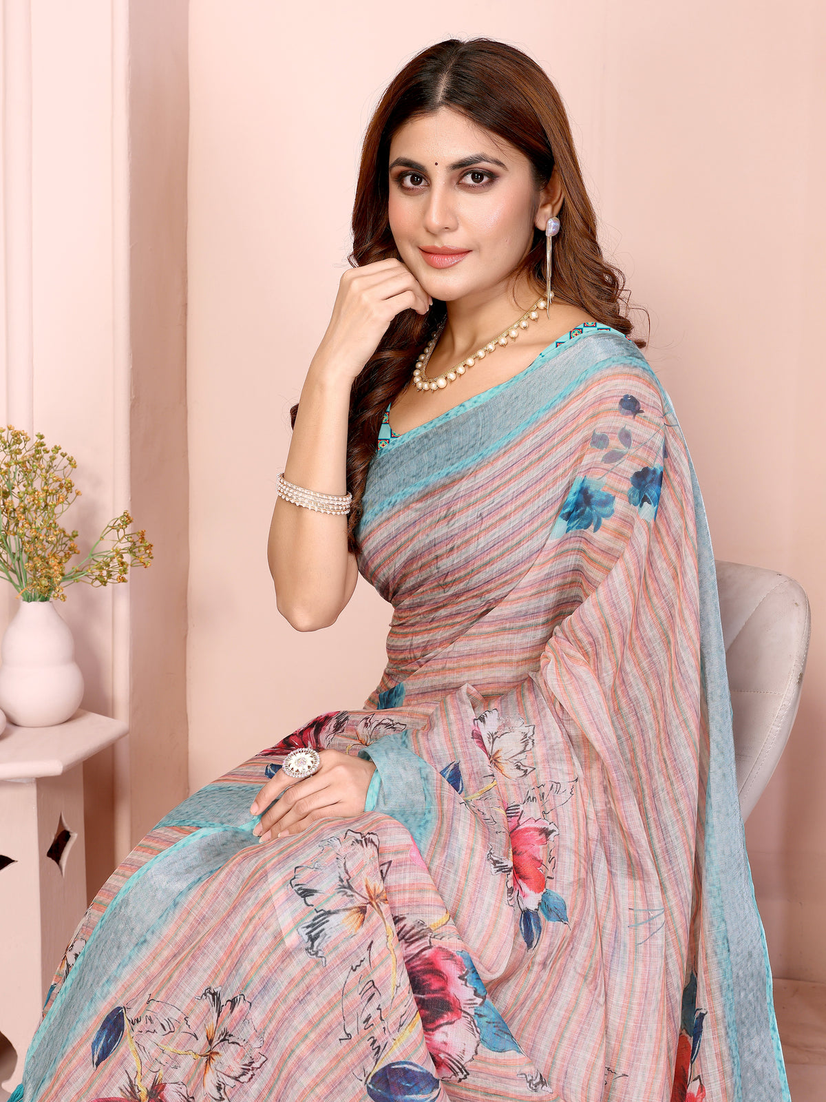 Linen Cotton Floral Printed Saree with Blouse Piece | Designer Piece | Dailywear | Naarikaa
