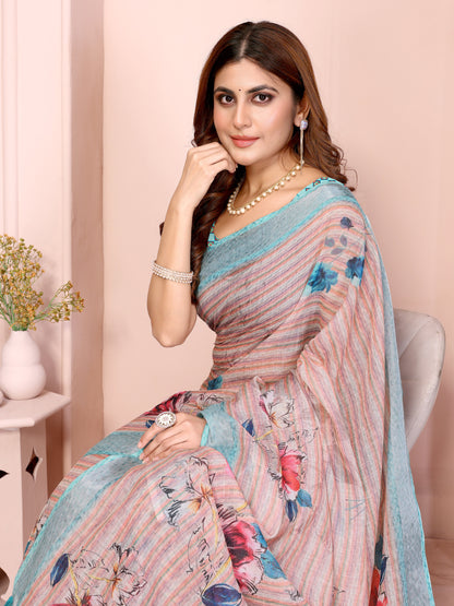Linen Cotton Floral Printed Saree with Blouse Piece | Designer Piece | Dailywear | Naarikaa