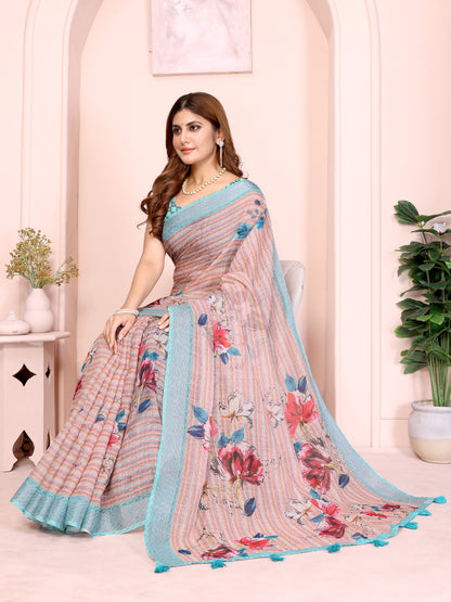 Linen Cotton Floral Printed Saree with Blouse Piece | Designer Piece | Dailywear | Naarikaa