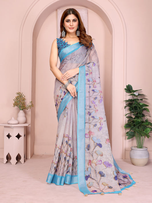 Women’s linen cotton floral printed saree with pastel colours turquoise border and matching blouse piece