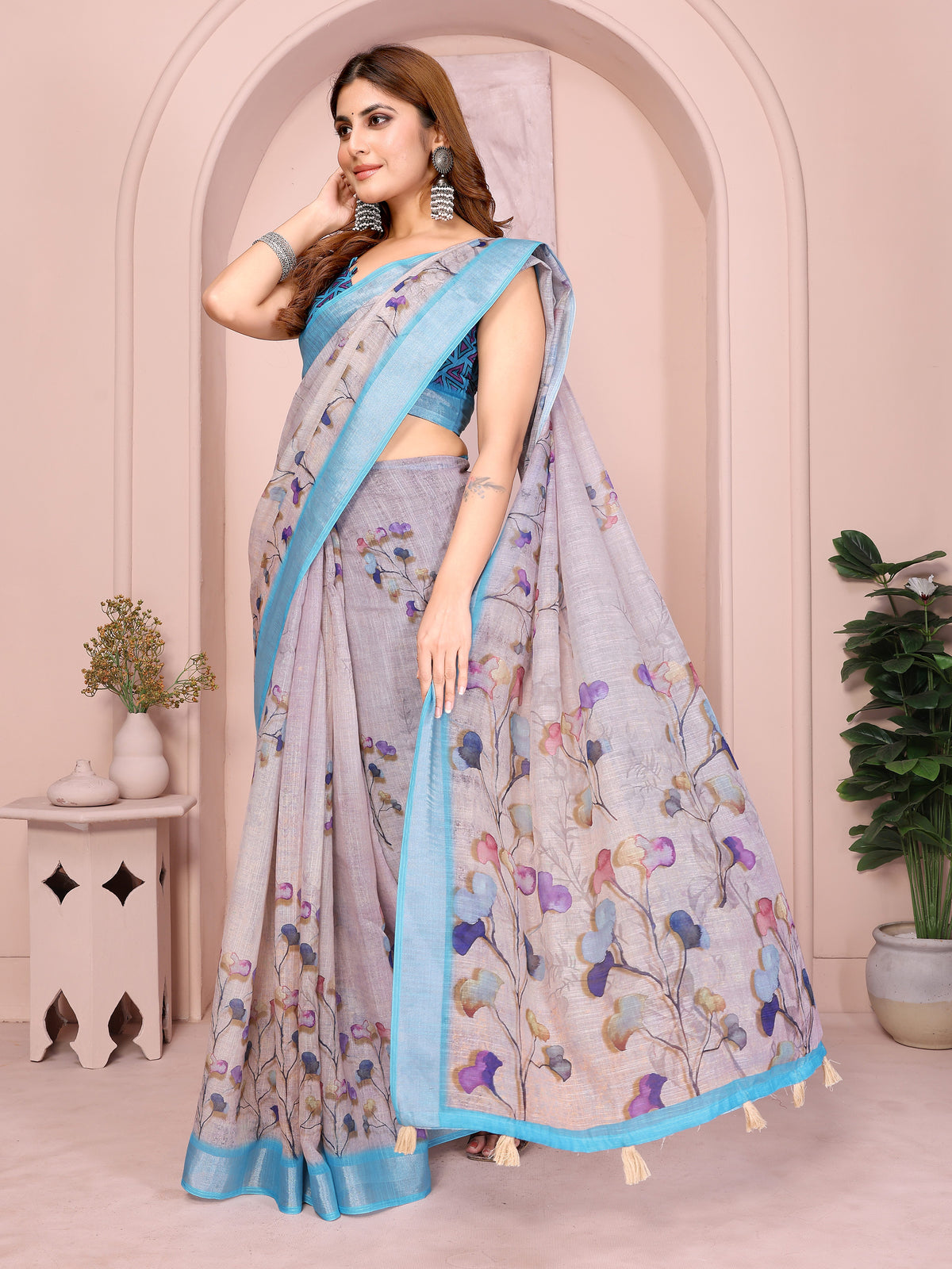 Matching geometric printed blouse piece for women’s linen cotton floral saree