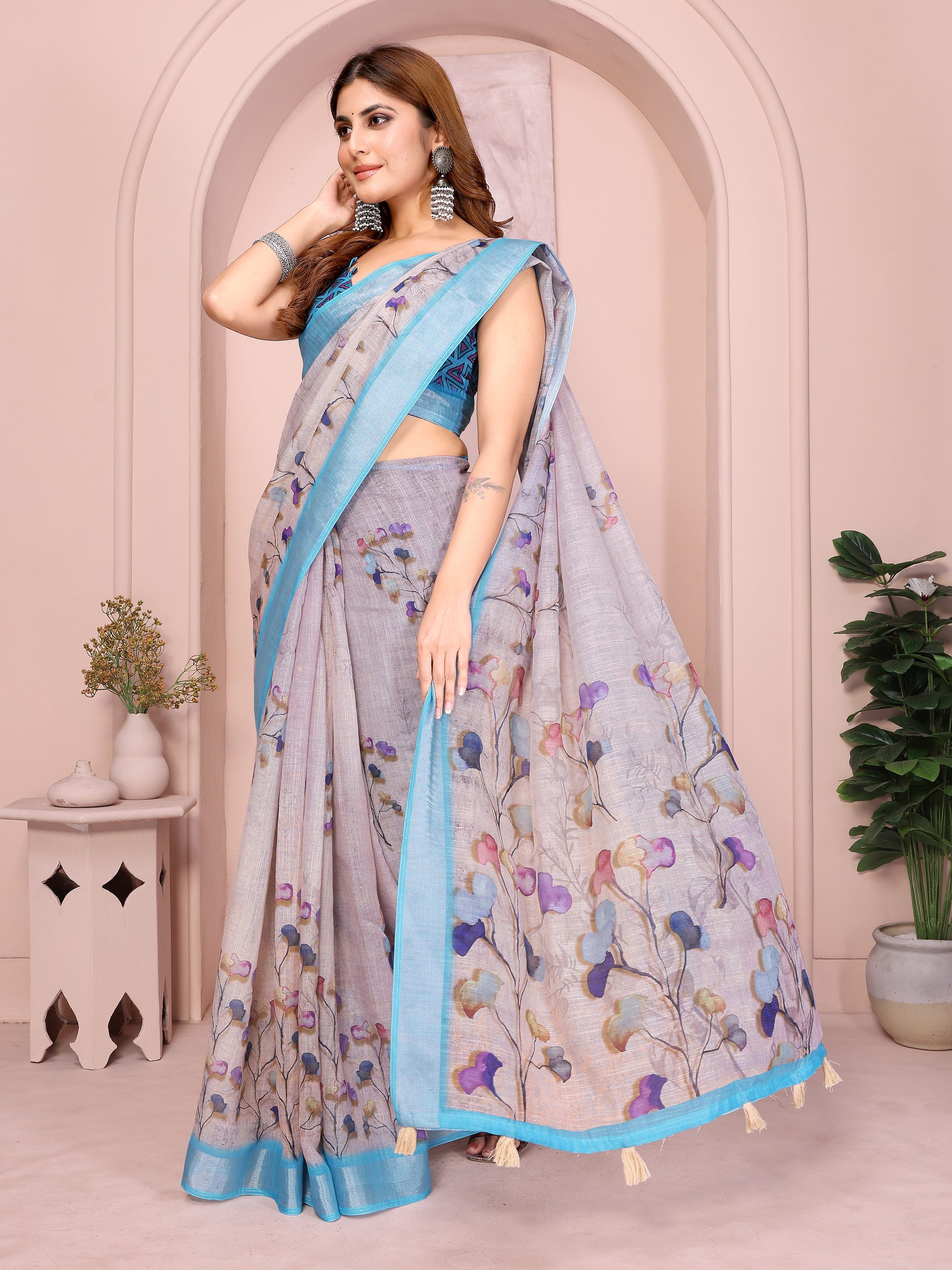 Matching geometric printed blouse piece for women’s linen cotton floral saree