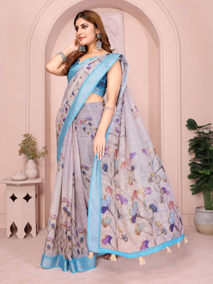 Matching geometric printed blouse piece for women’s linen cotton floral saree