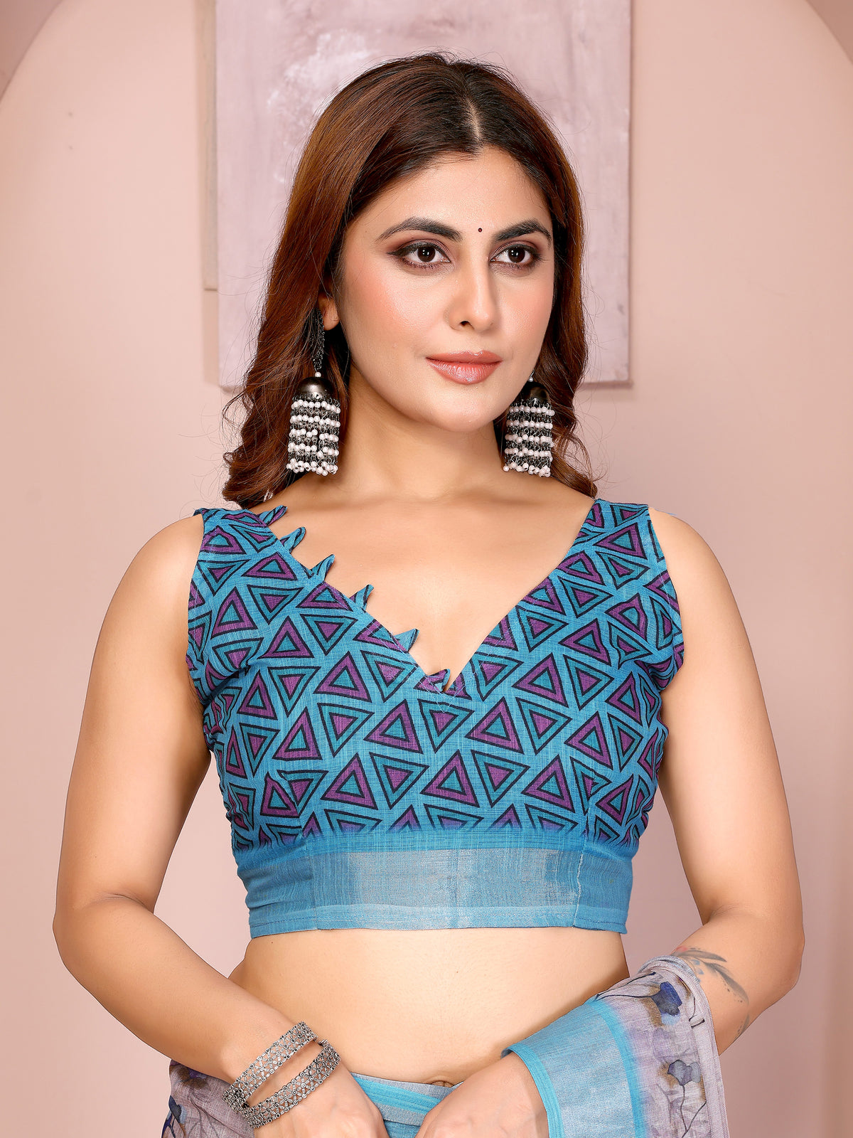 Floral linen cotton saree with turquoise blue border and blouse piece