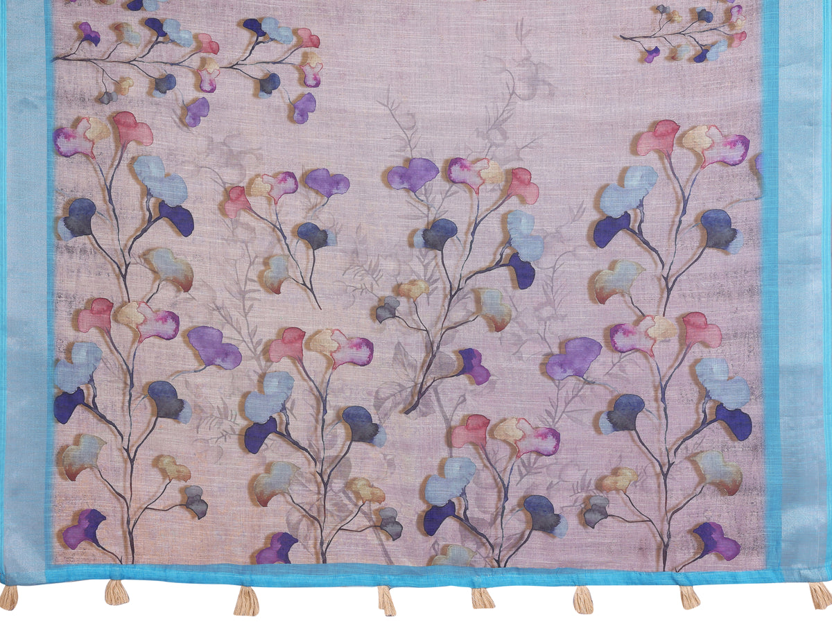 Stylish printed linen saree for women with multicolour floral pallu