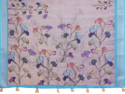 Stylish printed linen saree for women with multicolour floral pallu