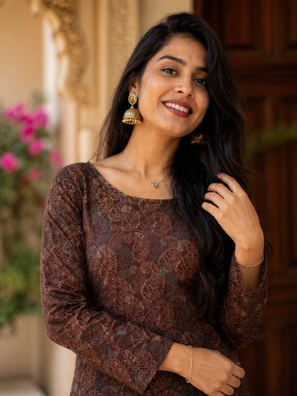 Brown Floral Paisley Straight Kurta | Rayon | Printed Kurti with Lace-Up Back | Naarikaa
