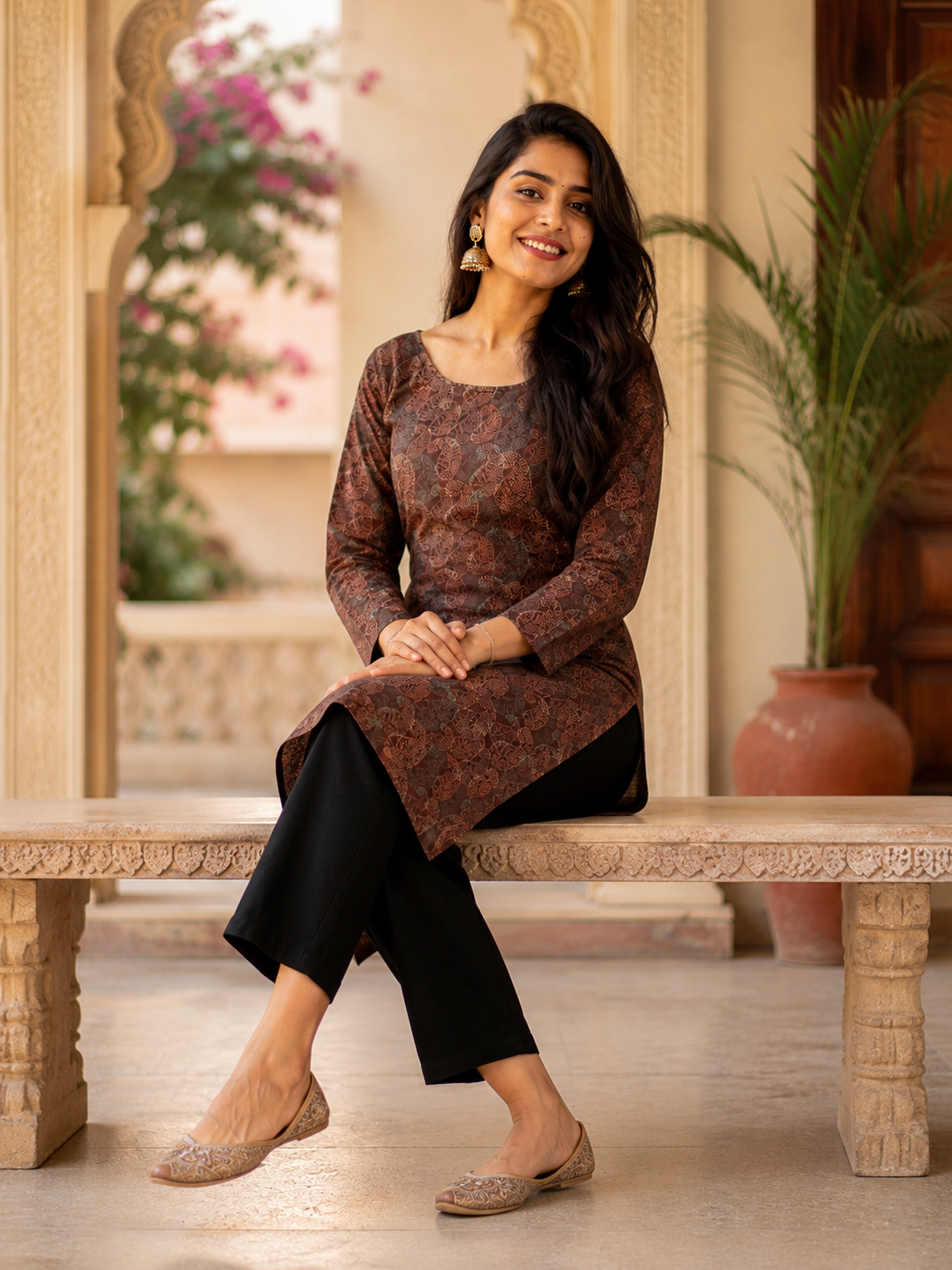 Brown Floral Paisley Straight Kurta | Rayon | Printed Kurti with Lace-Up Back | Naarikaa