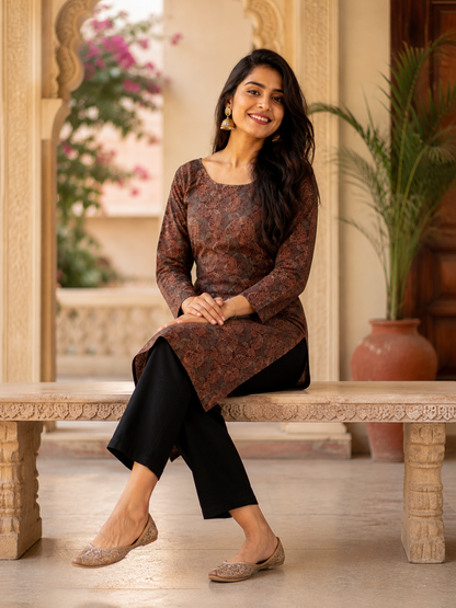 Brown Floral Paisley Straight Kurta | Rayon | Printed Kurti with Lace-Up Back | Naarikaa
