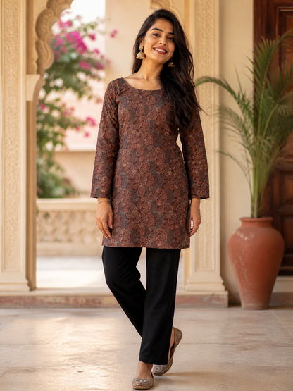 Brown Floral Paisley Straight Kurta | Rayon | Printed Kurti with Lace-Up Back | Naarikaa