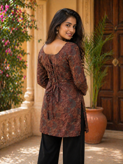 Brown Floral Paisley Straight Kurta | Rayon | Printed Kurti with Lace-Up Back | Naarikaa
