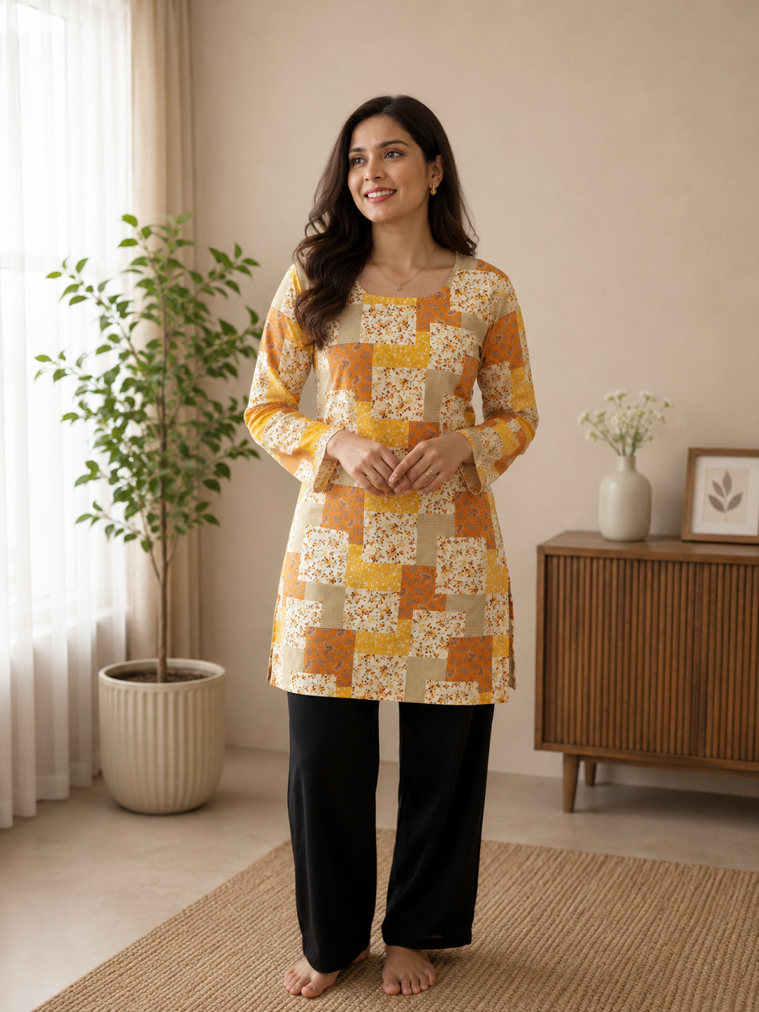 Yellow & Cream Patchwork Kurti | Rayon | Corset Tie-Back Tunic Top | Naarikaa