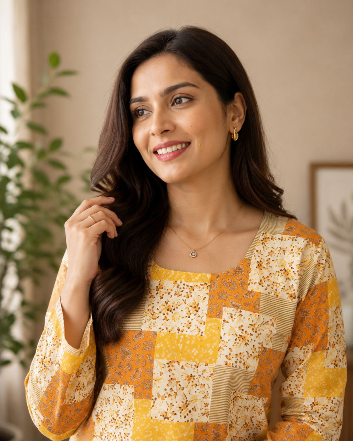Yellow & Cream Patchwork Kurti | Rayon | Corset Tie-Back Tunic Top | Naarikaa