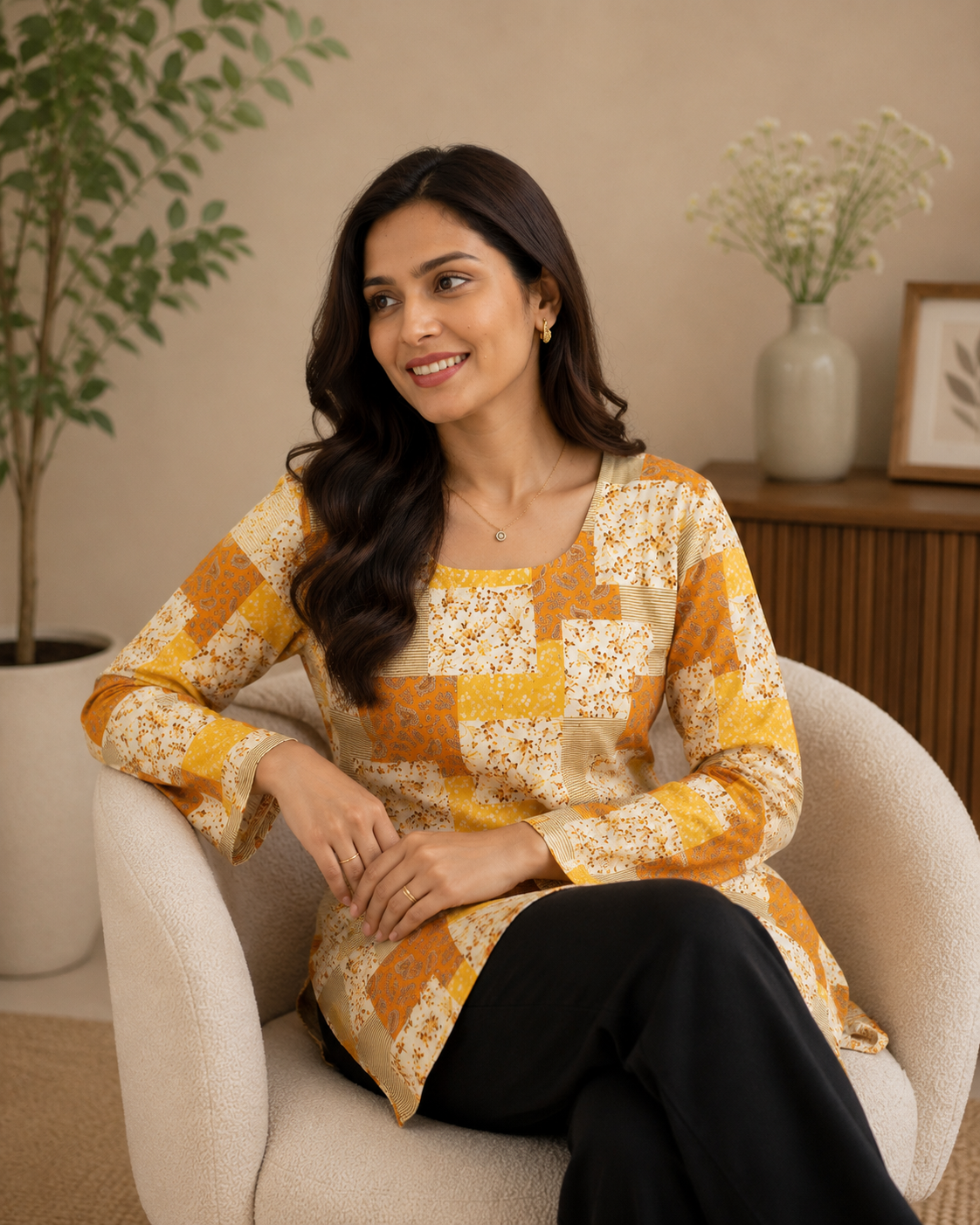Yellow & Cream Patchwork Kurti | Rayon | Corset Tie-Back Tunic Top | Naarikaa