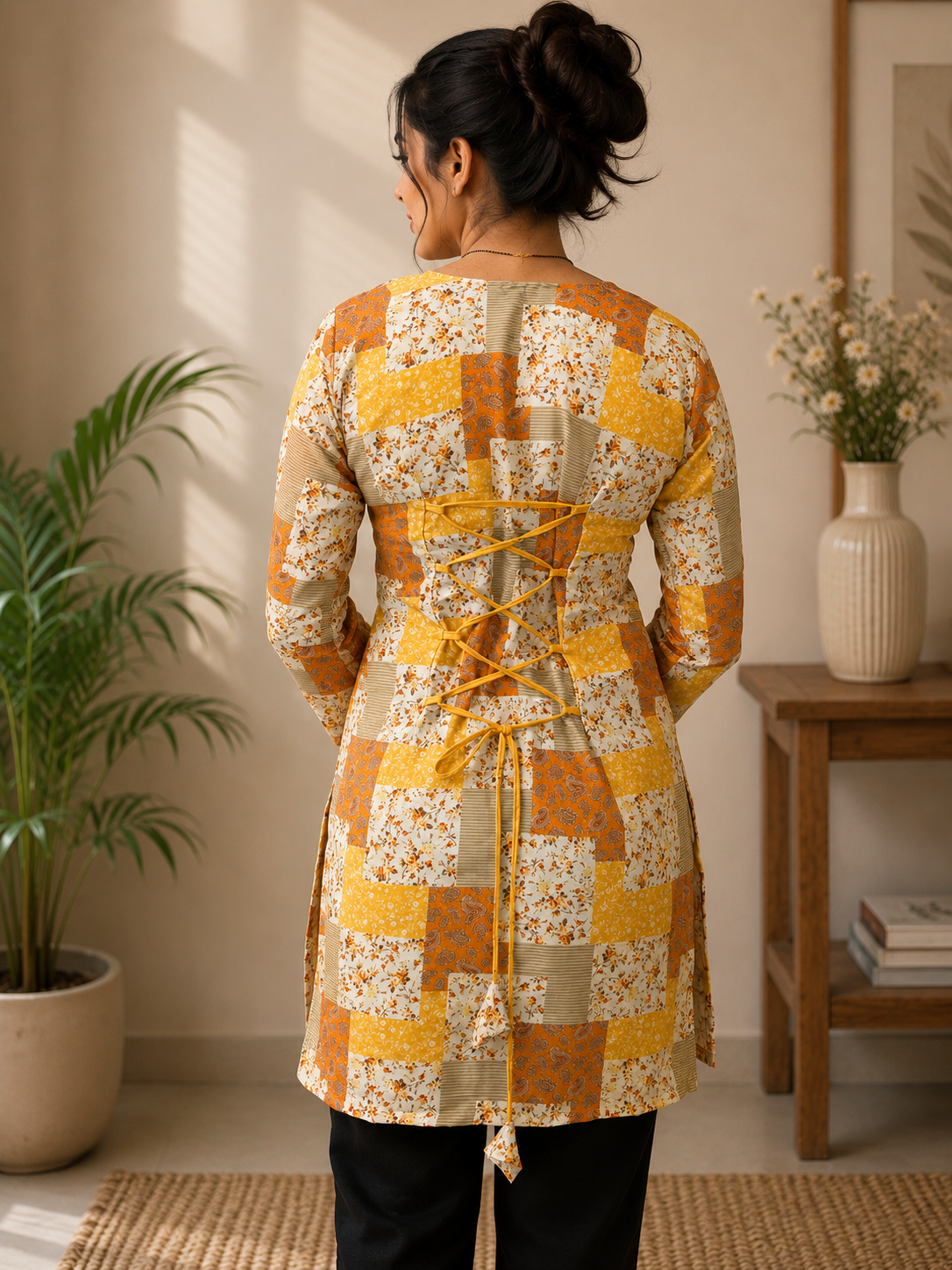 Yellow & Cream Patchwork Kurti | Rayon | Corset Tie-Back Tunic Top | Naarikaa
