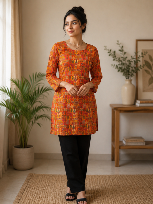 Rust Orange Printed Short Kurti |Rayon | Corset Tie-Up Back | Naarikaa