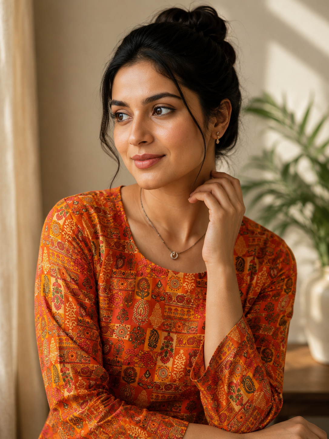 Rust Orange Printed Short Kurti |Rayon | Corset Tie-Up Back | Naarikaa