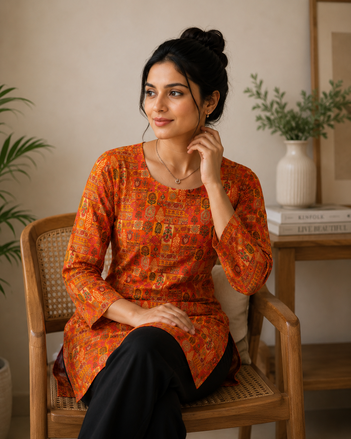 Rust Orange Printed Short Kurti |Rayon | Corset Tie-Up Back | Naarikaa