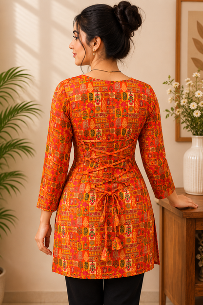 Rust Orange Printed Short Kurti |Rayon | Corset Tie-Up Back | Naarikaa
