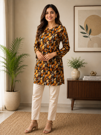 Black & Mustard Leaf Printed Short Kurti | Rayon | Corset Tie-Back | Naarikaa