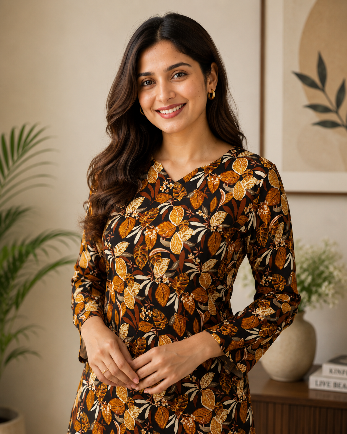 Black & Mustard Leaf Printed Short Kurti | Rayon | Corset Tie-Back | Naarikaa