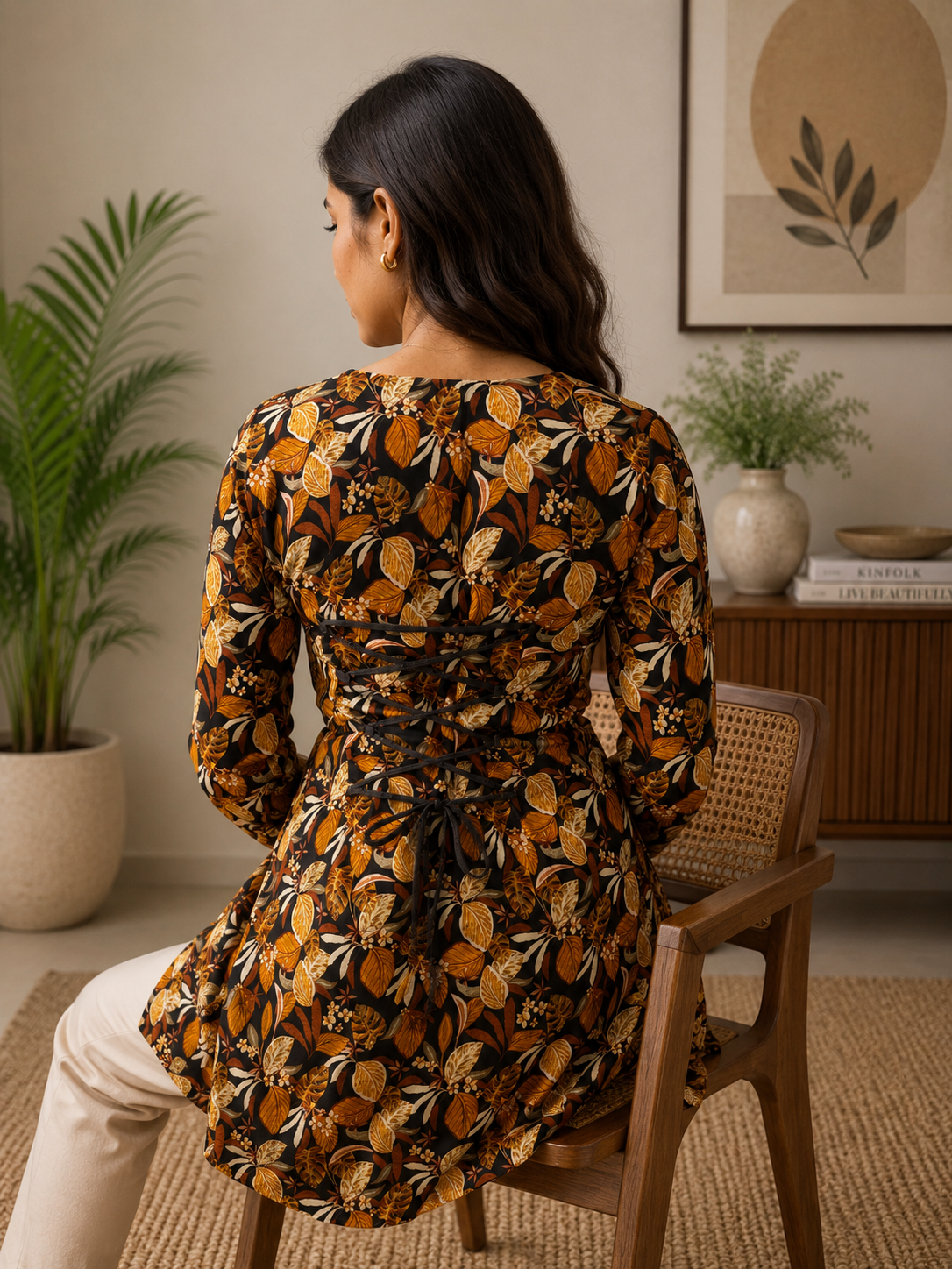 Black & Mustard Leaf Printed Short Kurti | Rayon | Corset Tie-Back | Naarikaa