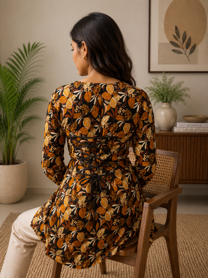 Black & Mustard Leaf Printed Short Kurti | Rayon | Corset Tie-Back | Naarikaa