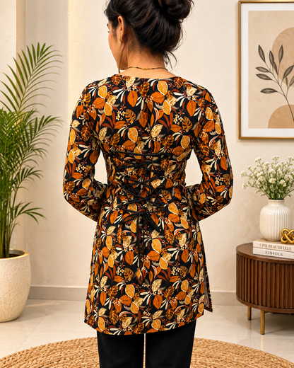 Black & Mustard Leaf Printed Short Kurti | Rayon | Corset Tie-Back | Naarikaa