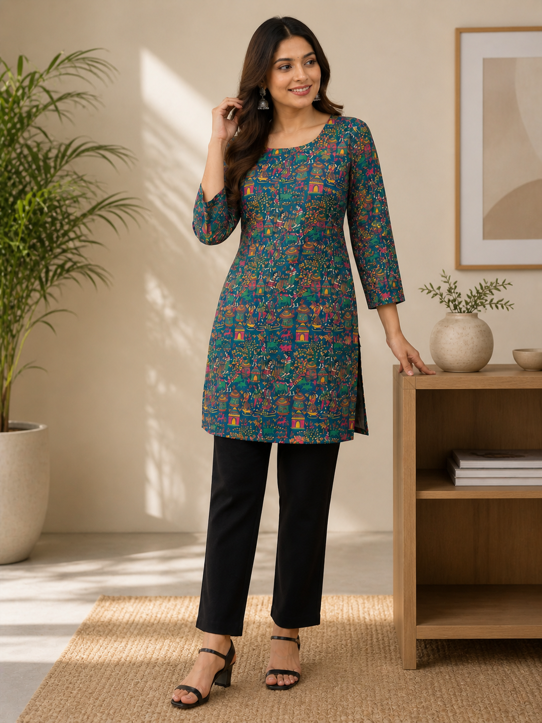 Printed Straight Kurti | Rayon | Lace-Up Back – 3/4 Sleeve Ethnic Tunic | Naarikaa