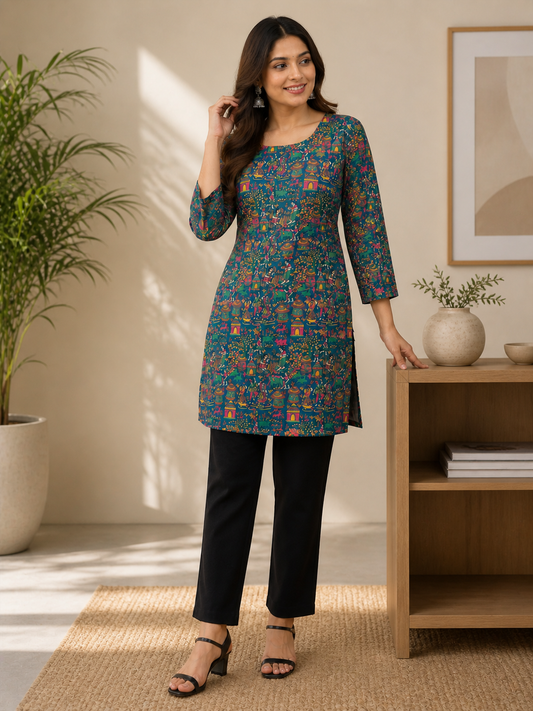 Printed Straight Kurti | Rayon | Lace-Up Back – 3/4 Sleeve Ethnic Tunic | Naarikaa