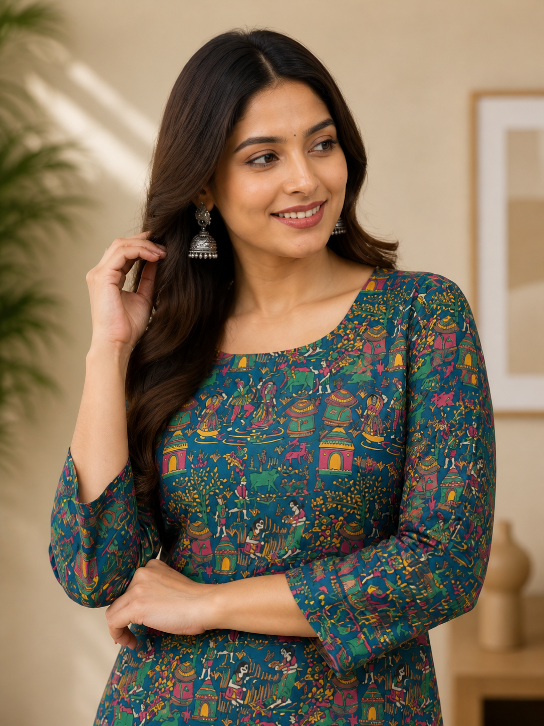 Printed Straight Kurti | Rayon | Lace-Up Back – 3/4 Sleeve Ethnic Tunic | Naarikaa