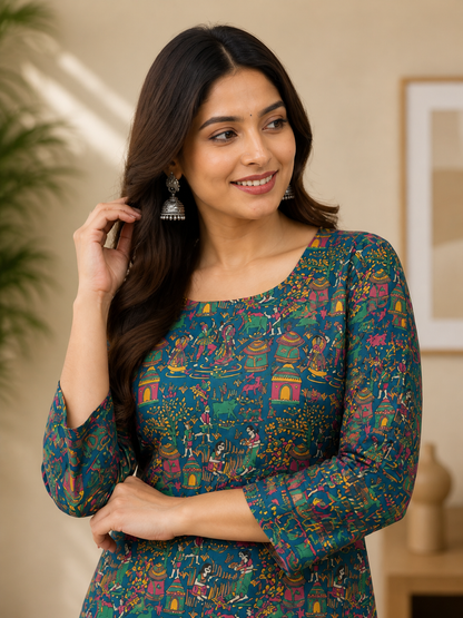 Printed Straight Kurti | Rayon | Lace-Up Back – 3/4 Sleeve Ethnic Tunic | Naarikaa