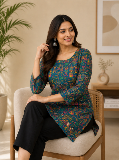 Printed Straight Kurti | Rayon | Lace-Up Back – 3/4 Sleeve Ethnic Tunic | Naarikaa