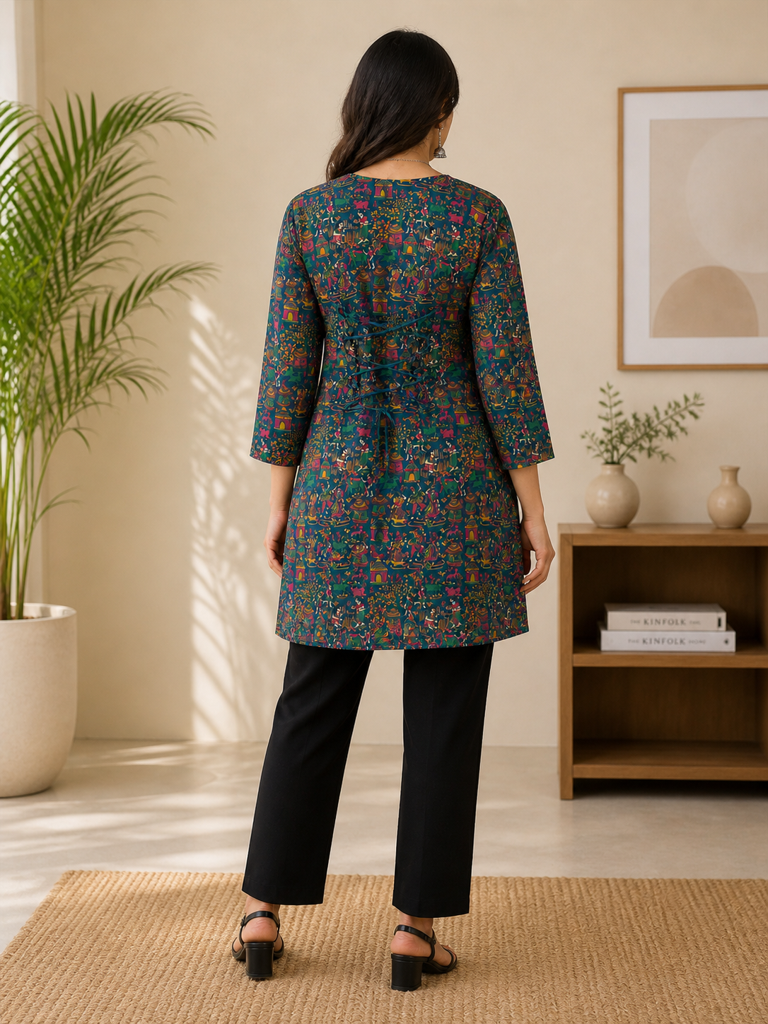Printed Straight Kurti | Rayon | Lace-Up Back – 3/4 Sleeve Ethnic Tunic | Naarikaa