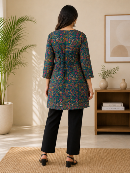 Printed Straight Kurti | Rayon | Lace-Up Back – 3/4 Sleeve Ethnic Tunic | Naarikaa