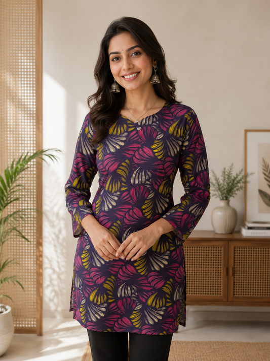 Navy Floral Leaf Printed Kurti | Rayon | Long Sleeve Tunic | Naarikaa