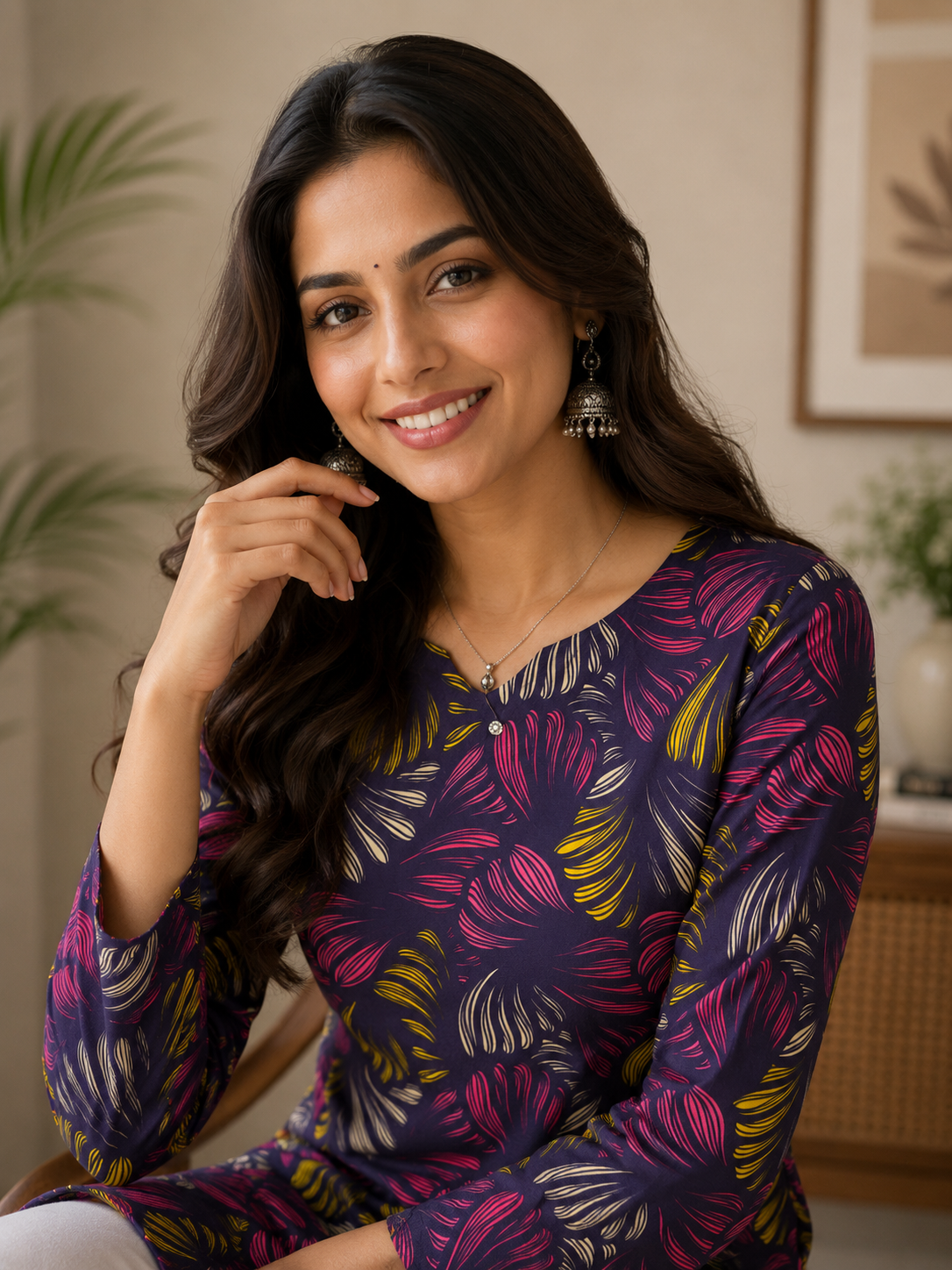 Navy Floral Leaf Printed Kurti | Rayon | Long Sleeve Tunic | Naarikaa