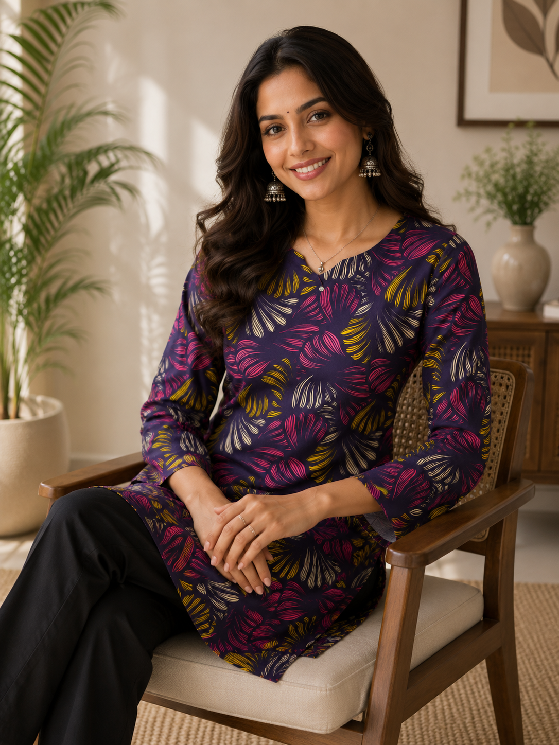 Navy Floral Leaf Printed Kurti | Rayon | Long Sleeve Tunic | Naarikaa