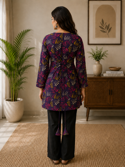 Navy Floral Leaf Printed Kurti | Rayon | Long Sleeve Tunic | Naarikaa