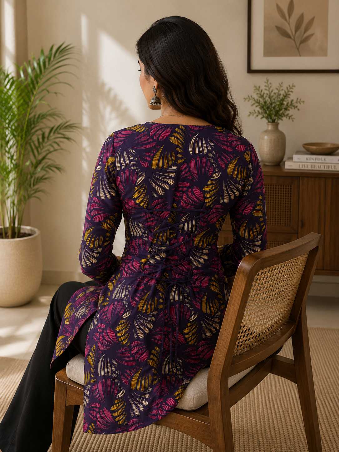 Navy Floral Leaf Printed Kurti | Rayon | Long Sleeve Tunic | Naarikaa