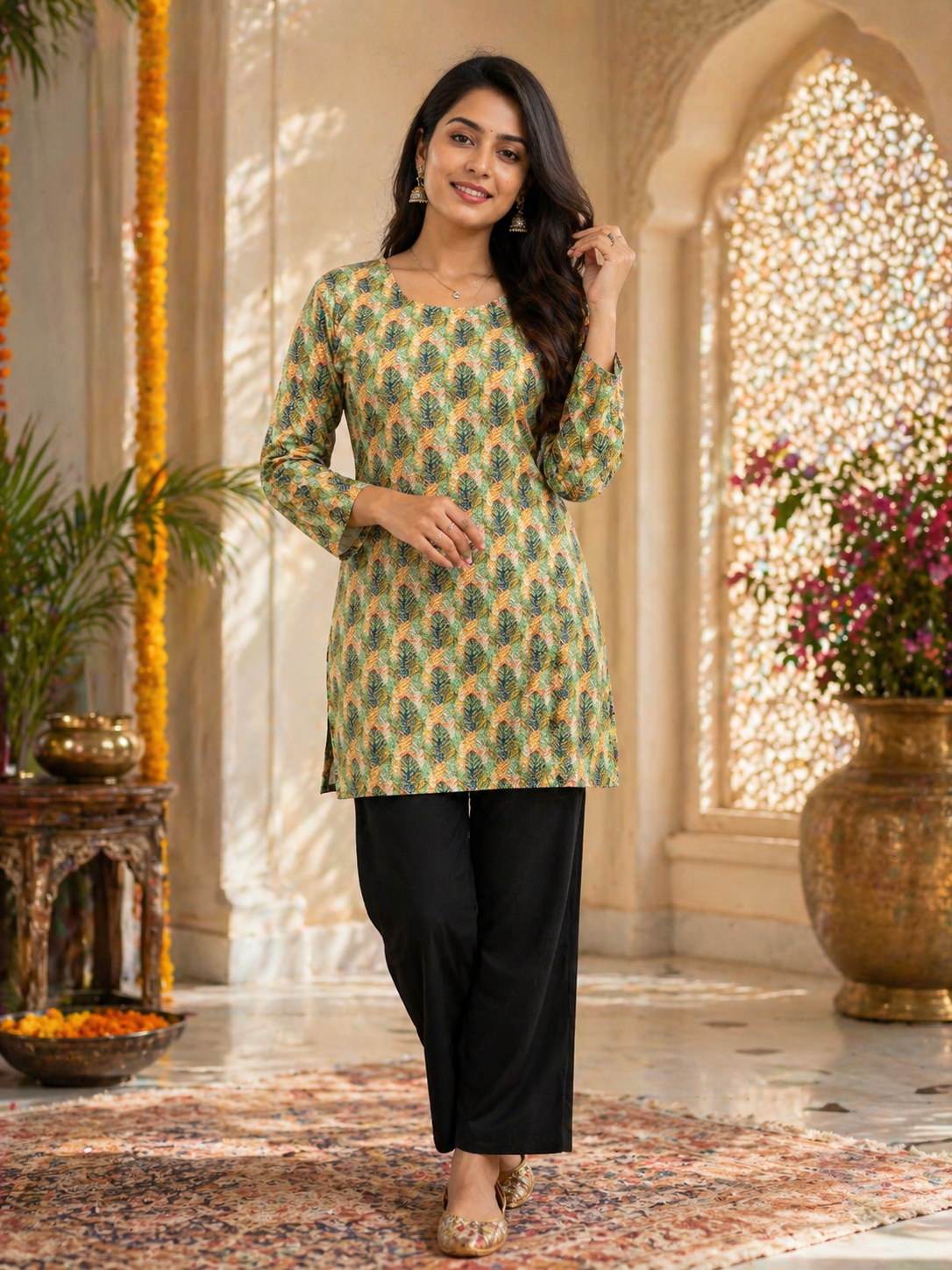 Green Printed Short Kurti | Rayon | Back Lace-Up Detail | Naarikaa