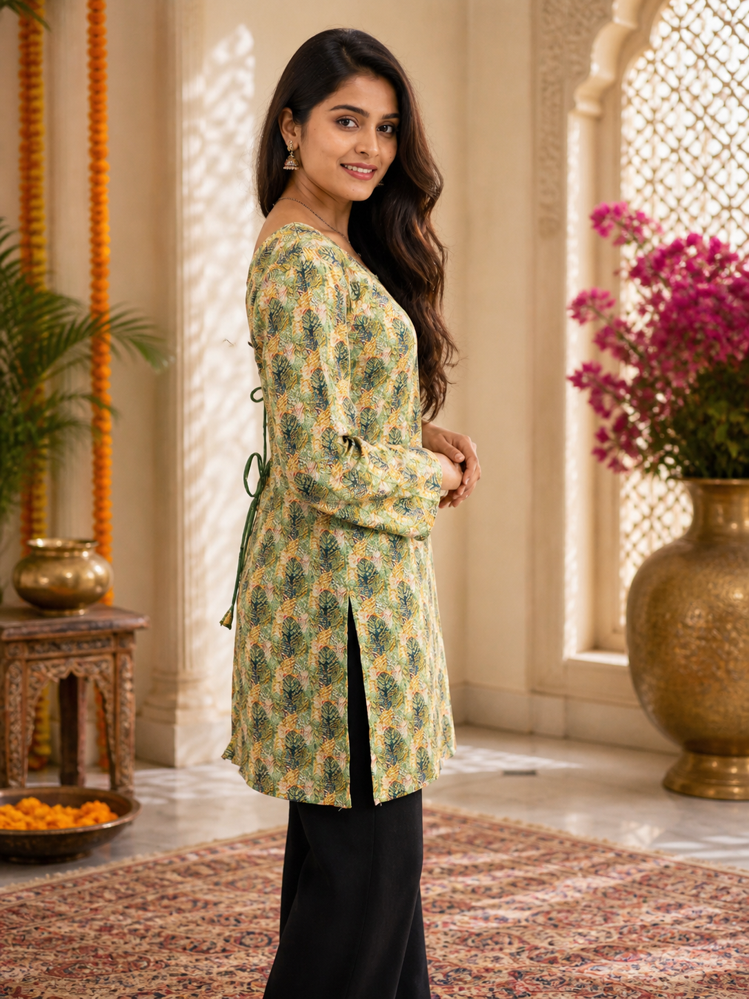 Green Printed Short Kurti | Rayon | Back Lace-Up Detail | Naarikaa