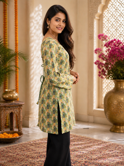 Green Printed Short Kurti | Rayon | Back Lace-Up Detail | Naarikaa